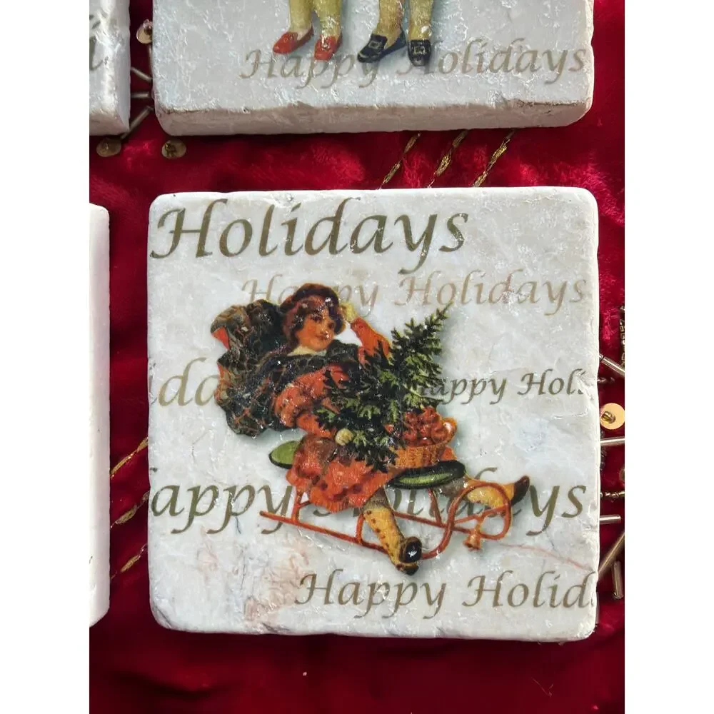 Studio Vertu Handmade Victorian Vintage Christmas 4” Coaster Set Made USA Gift